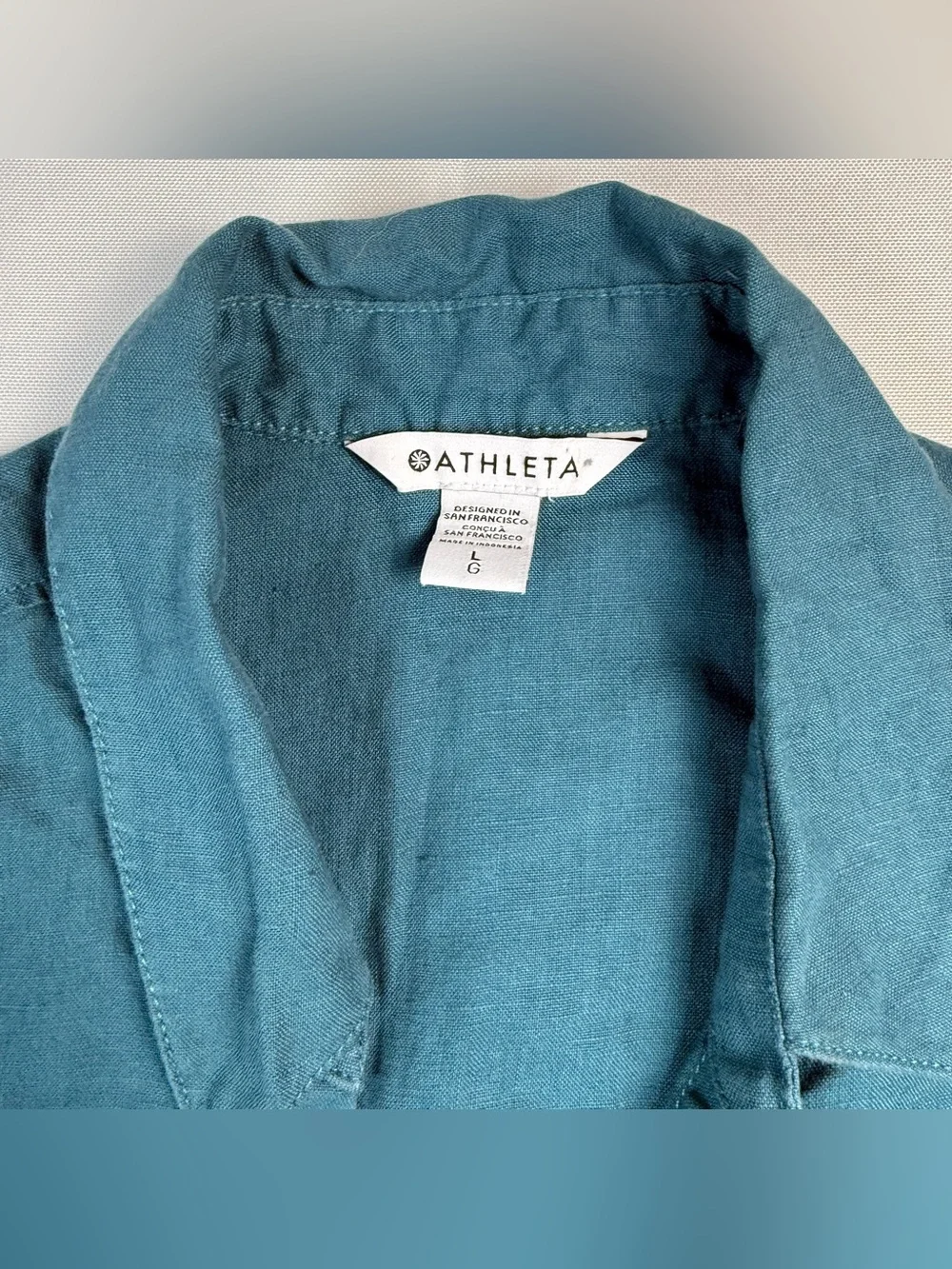 Athleta Playa Tie Top Women’s Large Teal Blue 100% Linen Cropped Shirt NWT